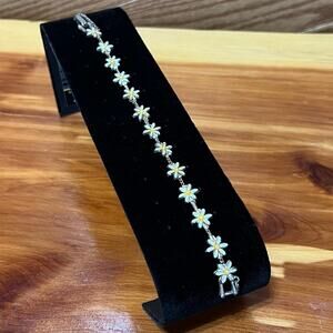 Vintage Delicate Silver Tone Painted White Daisy Floral Tennis Bracelet Extender